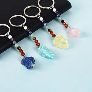 7 Chakra Healing Natural Raw Stone Keychain Irregular Amethyst Rose Quartz Pendant Metal Keyring Spiritual Yoga Gift Women Men
