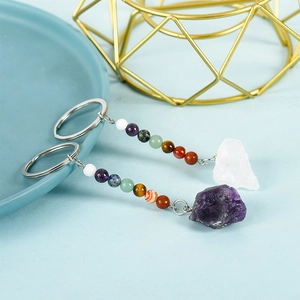 Natural crystal chakra keychain with colorful gemstone beads and raw crystal pendants