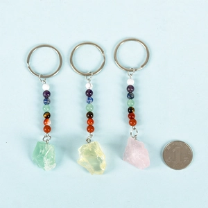 Three natural crystal stone keychains with seven chakra beads and silver metal ring charms