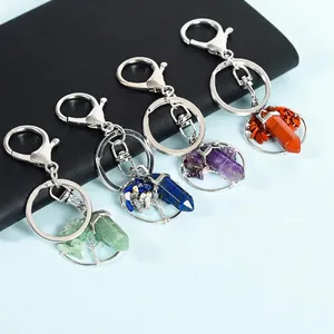 Natural Crystal Tree Of Life Keychain Hexagonal Pillar Pendant Wire Wrapped Stone Key Ring Healing Yoga Jewelry Women Men Gift