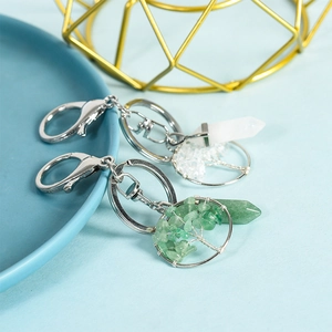 Tree of Life crystal keychain with hexagonal prism pendant in white and green stones