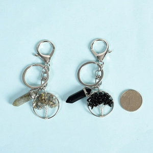 Natural crystal life tree keychain with hexagonal double point pillar in various gemstones