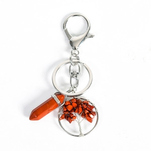 Keyring with Tree of Life charm and Red Jasper hexagonal crystal pillar on white background