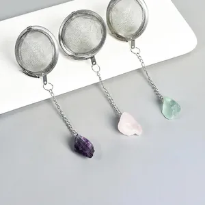 Natural Crystal Raw Stone Stainless Steel Tea Infuser Mesh Strainer Ball With Long Chain Hook For Brewing Loose Leaf Tea