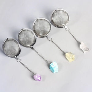 Stainless steel tea infuser ball set with colorful raw crystal pendants and chains