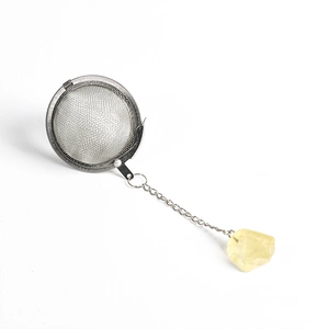 Stainless steel tea infuser mesh ball with natural yellow crystal stone pendant on chain