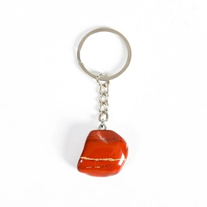 Polished natural Red Jasper crystal gemstone keychain with silver metal ring and chain