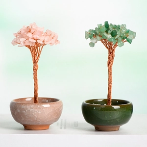 Natural crystal bonsai tree with copper wire and ceramic base for home and office decoration