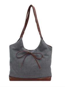 Sac fourre-tout vintage en toile grise et cuir marron avec détail de nœud chic