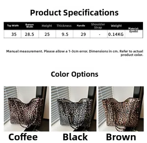 Size chart showing dimensions for leopard print tote bag with color options