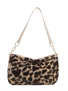Borsa a spalla in peluche leopardata con catena dorata e tracolla bianca elegante
