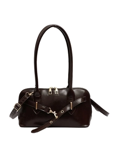 Deep brown vintage leather bowling bag with long shoulder straps and gold hardware