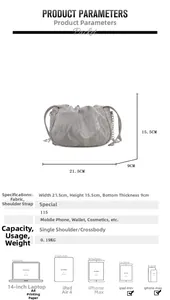 Detailed size specifications for the grey pleated bucket bag showing 21.5cm width and height