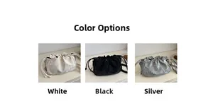 Detailed comparison of white, black, and silver ruched crossbody bags with chain straps