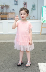Detail of baby girl pink short sleeve dress featuring layered tulle skirt and cotton top