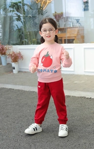 Girl's pink cotton sweatshirt with tomato print and matching red casual sport pants