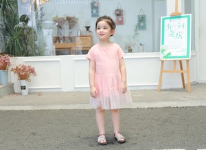 Close-up of pink toddler dress featuring short sleeves and soft layered tulle mesh skirt