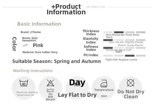 Detail view of cotton sweatshirt fabric specs and laundry care icons for girls