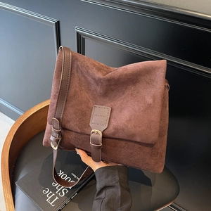 Retro coffee brown suede messenger bag for women with adjustable leather shoulder strap