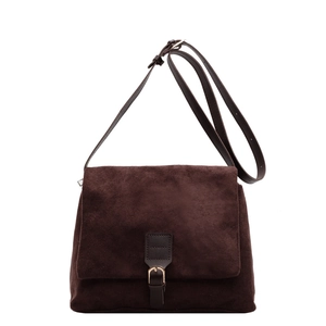 Retro chocolate suede crossbody bag for women with vintage metal buckle and leather strap