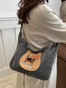 Gray corduroy cat embroidery tote bag for women showing campus style crossbody design