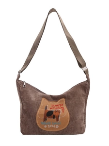Brown corduroy cat pattern crossbody bag with adjustable strap and large capacity