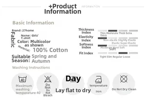 Detail info showing 100% cotton material and care instructions for girls' long sleeve T-shirt