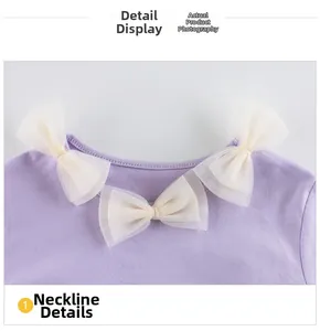 Dettaglio dello scollo di una maglia viola per bambina con tre fiocchi in rete beige