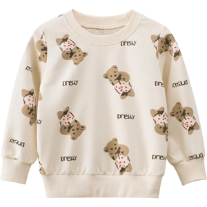 Cream colored long sleeve sweatshirt for girls with cute bear print and ribbed cuffs