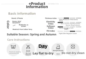 Detailed chart showing 100% cotton material specs and washing care for girls' hoodie