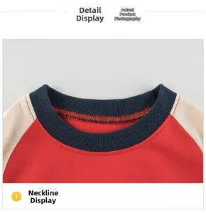 Detailed view of the ribbed round neckline and raglan sleeves on the kid's sweatshirt