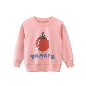 Girls Sweatshirt Pure Cotton Long Sleeve Crew Neck Cartoon Tomato Print Casual Pink Top For Kids