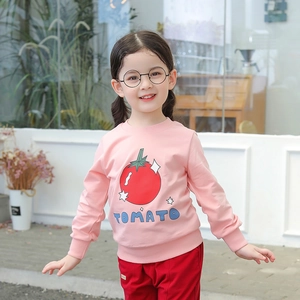Pink cotton sweatshirt for girls featuring a red tomato print and ribbed cuffs