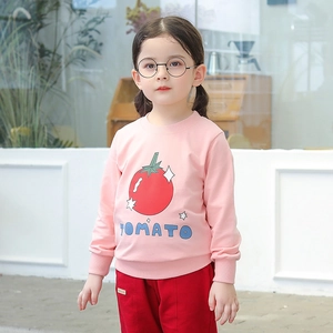 Pink cotton sweatshirt with tomato print and dark red pants for toddler girls