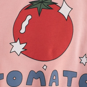 Pink cotton sweatshirt for girls with a vibrant red tomato print and blue text detail