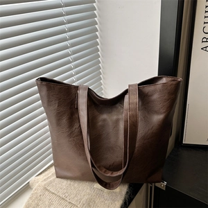 Vintage PU Leather Large Capacity Tote Bag For Women Solid Color Casual Shoulder Bag Retro Commuter Handbag With Zipper