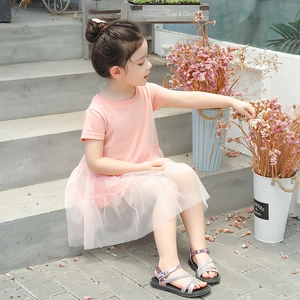 Pink short-sleeved tutu princess dress for girls with dual-layer mesh and pearl headwear