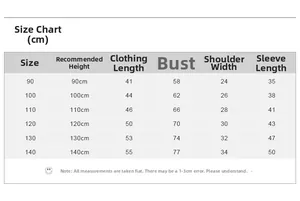 Size chart for kids long sleeve t-shirt with measurements from size 90 to 140 cm
