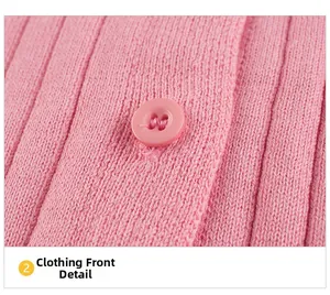 Detailed close-up of pink knit cardigan with vertical ribs and matching round button