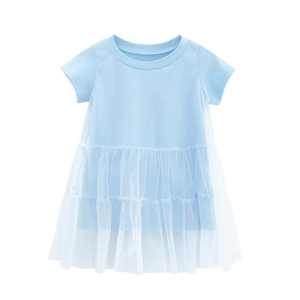 Short-sleeved baby girl princess dress with light blue top and white tulle skirt