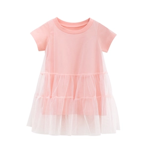 Pink short sleeve baby girl dress with layered tulle tutu skirt for summer wear
