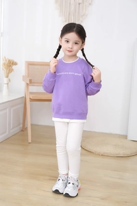 Detailed close-up of girls purple long sleeve hoodie with fake two-piece layered design