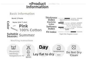 Tableau des tailles et détails du tissu 100% coton pour t-shirt d'été rose pour fille