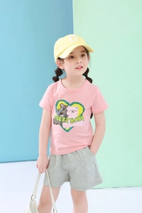 Detail of pink cotton t-shirt with sweet baby bear print and grey drawstring shorts