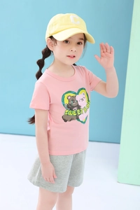 Pink short sleeve t-shirt with heart bear print and grey sports shorts for girls