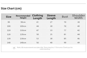 Size chart for girls casual sweatshirt showing measurements from 90cm to 140cm