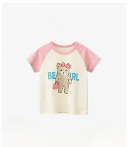 Detail of toddler raglan T-shirt with cartoon bear print and pink short sleeves
