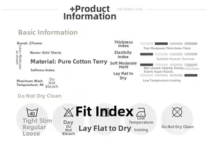 Size and material specification chart for girl's cotton athletic shorts by 27home