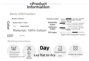 Detailed size and material chart for children 100% cotton summer t-shirt with care icons