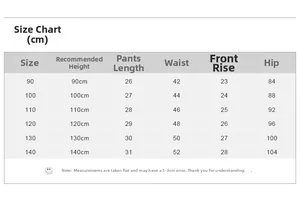 Size chart for girls sport shorts showing length and waist measurements in cm
